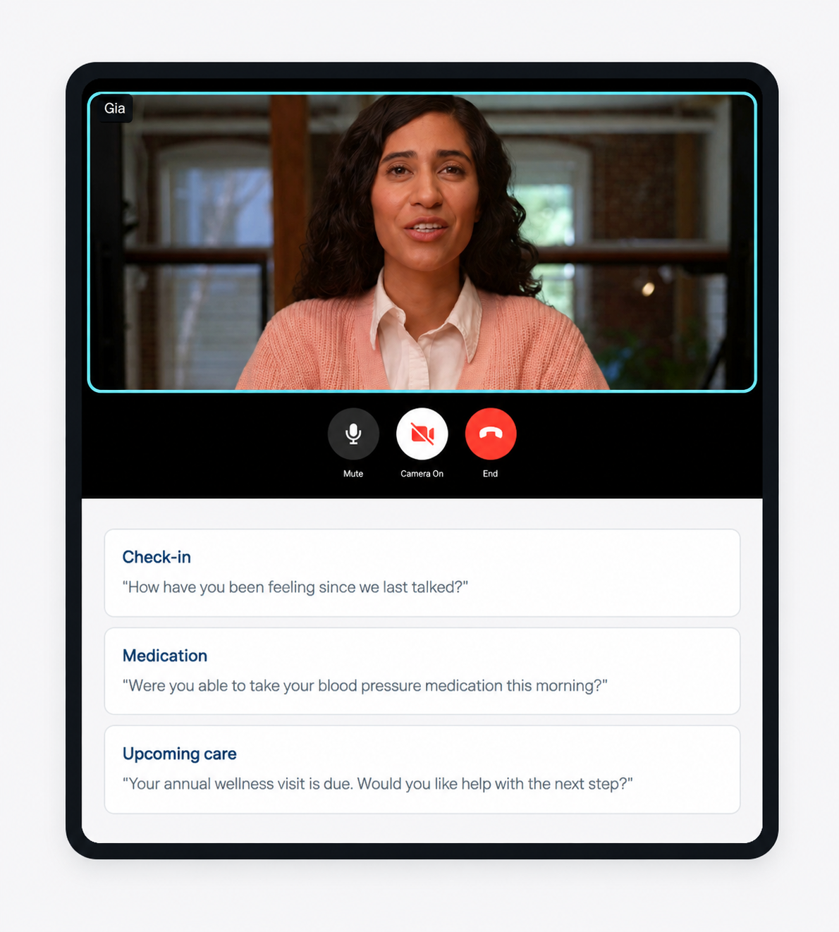 A member in a video conversation with Gia, with example care prompts for check-ins, medication, and upcoming care shown below.