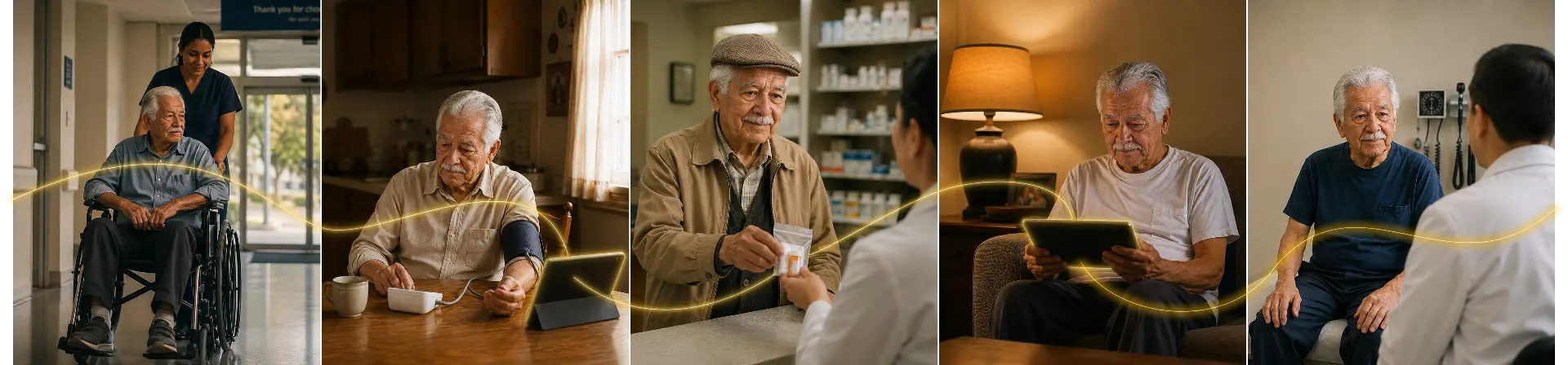 A continuous thread of care connecting a hospital discharge, home blood pressure monitoring, a pharmacy conversation, a tablet check-in at home, and a follow-up visit with a clinician.