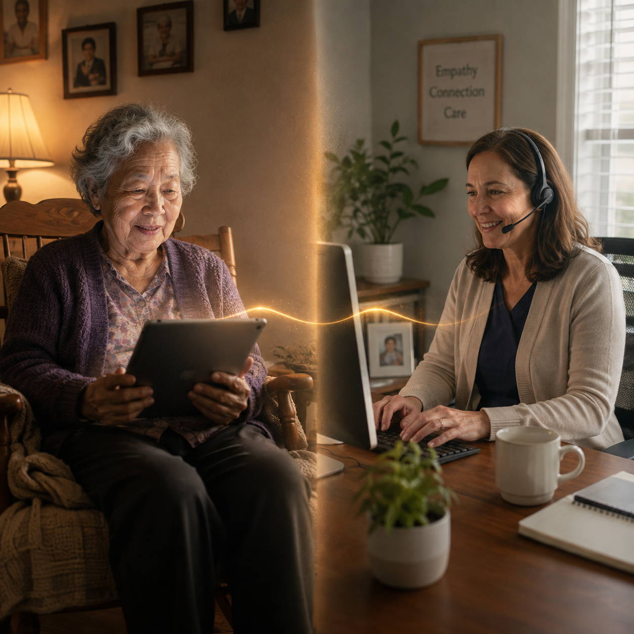 An older adult patient and a supporting clinician connected across a warm split-screen visual.