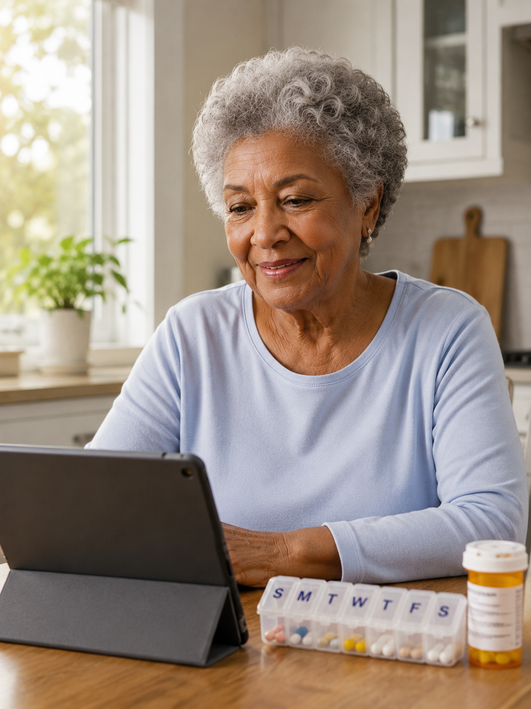 Older Black woman at a kitchen table using a tablet beside her medications
