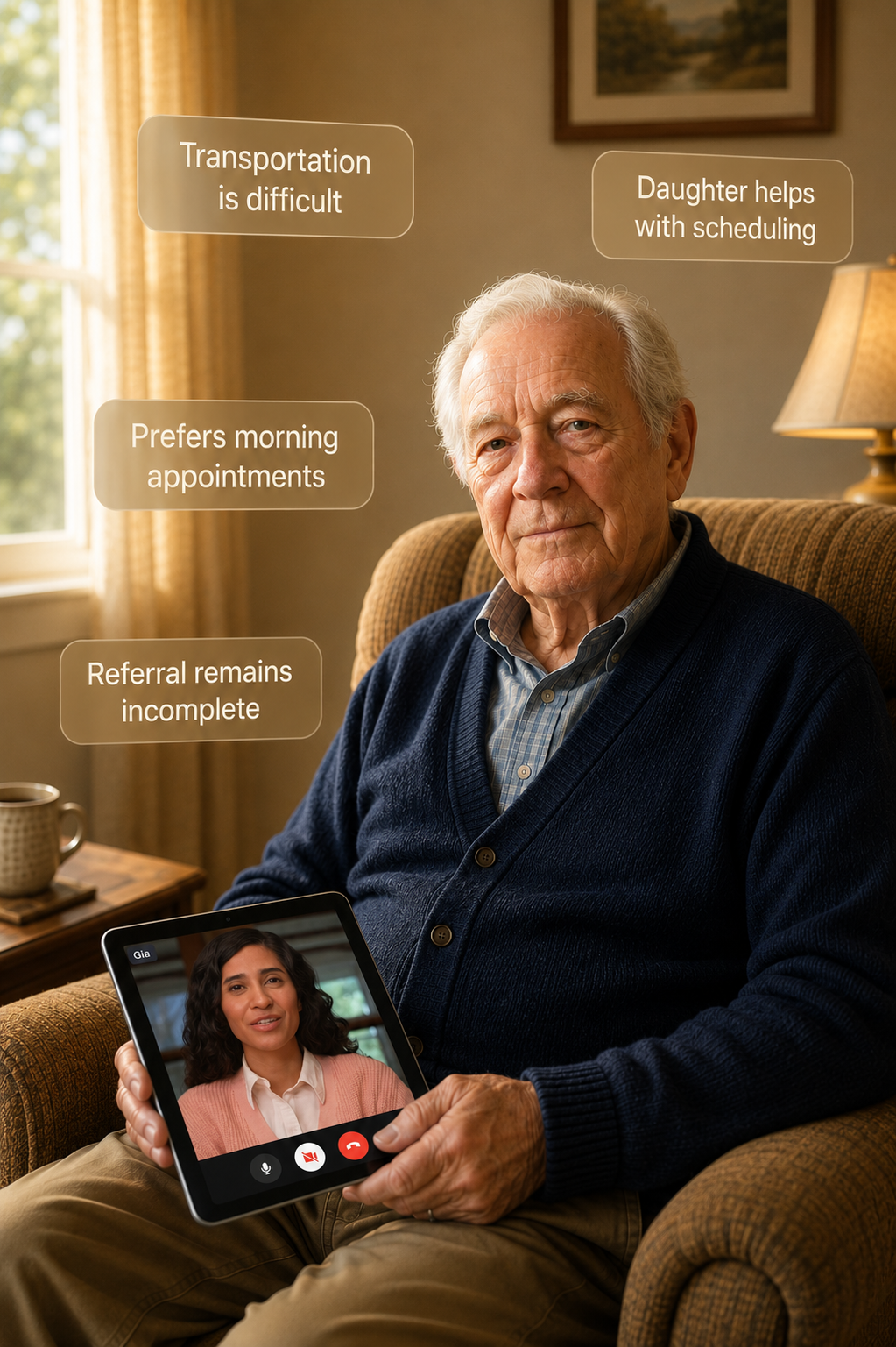 Older adult seated in a simple home environment, holding a tablet with Gia, with continuity notes shown around him.